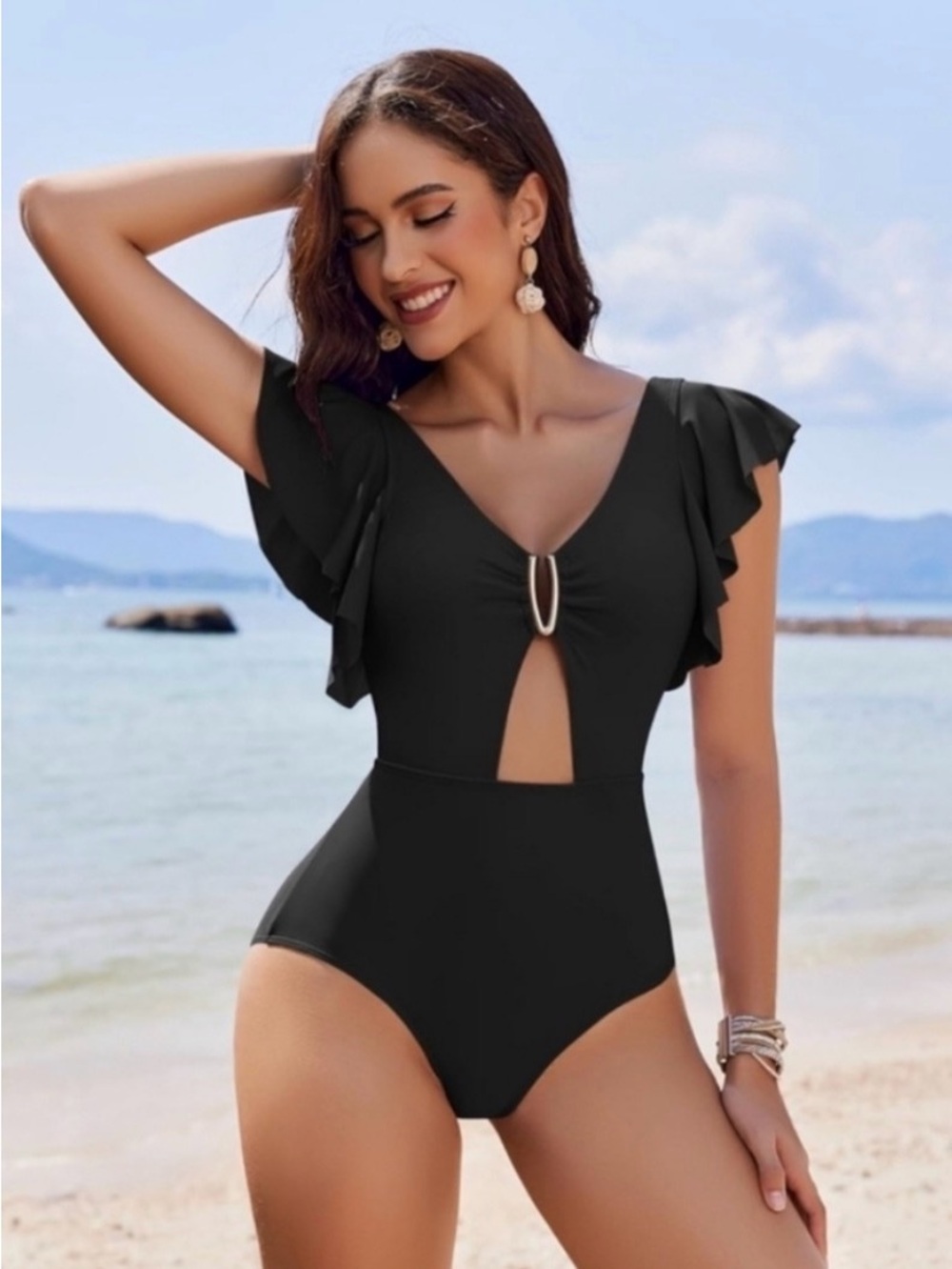 Black Flutter-Sleeve One-Piece Swimsuit with Front Gold V like Detail - Large